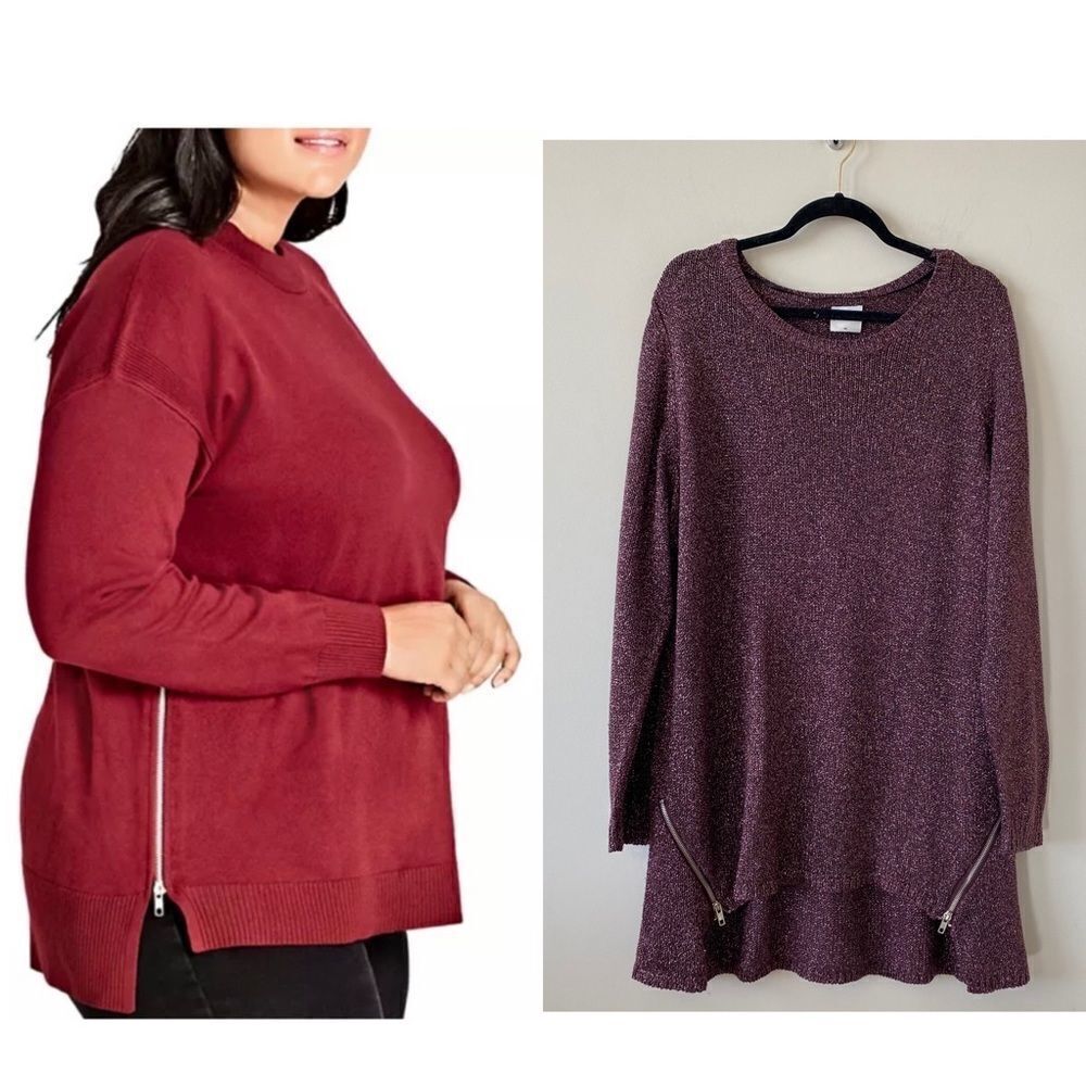 JuneRose Metallic Plum Side Zipper Tunic Sweater